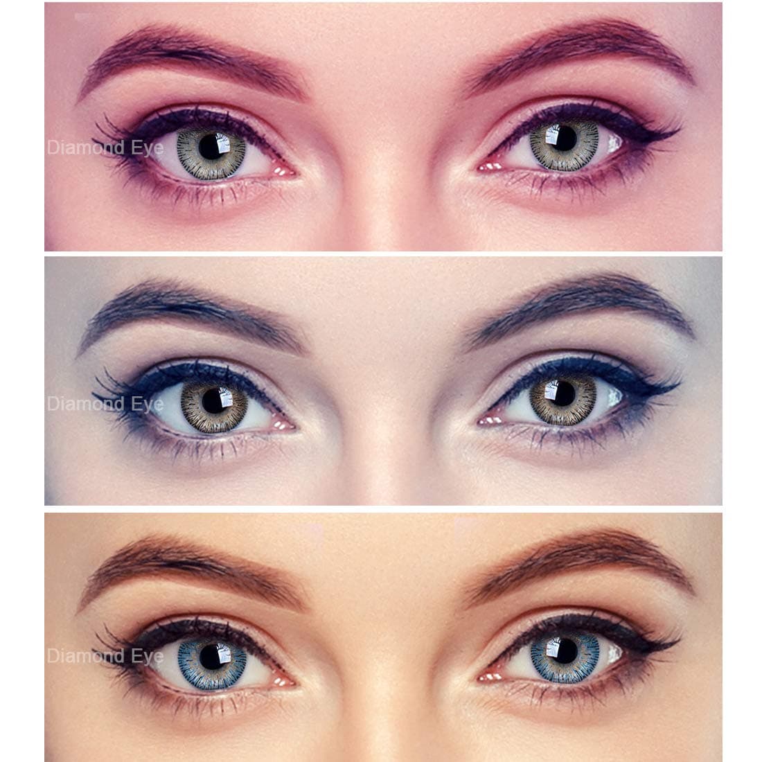 Diamond Eye 3 Pair Grey, Blue & Brown Monthly Zero Power Monthly Contact Lens Multicolour 0 Dioptres 6 + Multi Plus Solution with 3 Lens Storage Box
