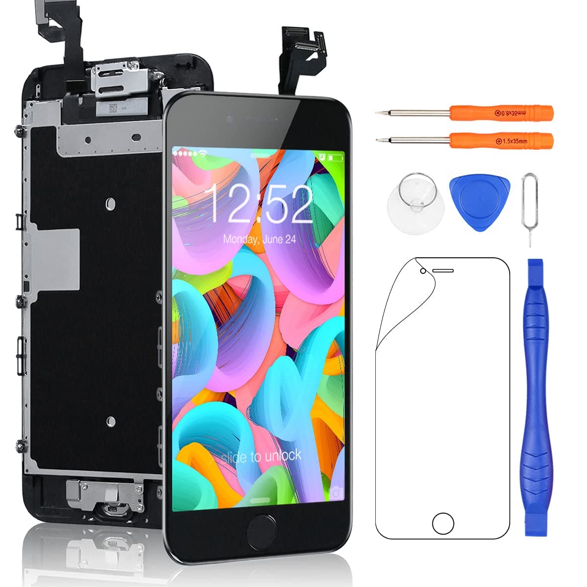 Yodoit for iPhone 6s Screen Replacement Black With Home Button, Front Camera, Earpiece Speaker, LCD Display Touch Digitizer Assembly + Repair Tool, Screen Protector