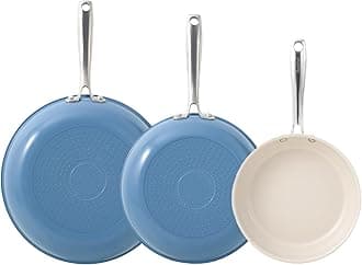 Non Stick Ceramic Frying Pan Set, Non Toxic Ceramic Pans for Cooking, 8" 9.5" 11" Skillet Set, No PFAS & PTFE & PFOA with Stainless Steel Handle, Dishwasher & Oven Safe Max up to 842°F (Blue)