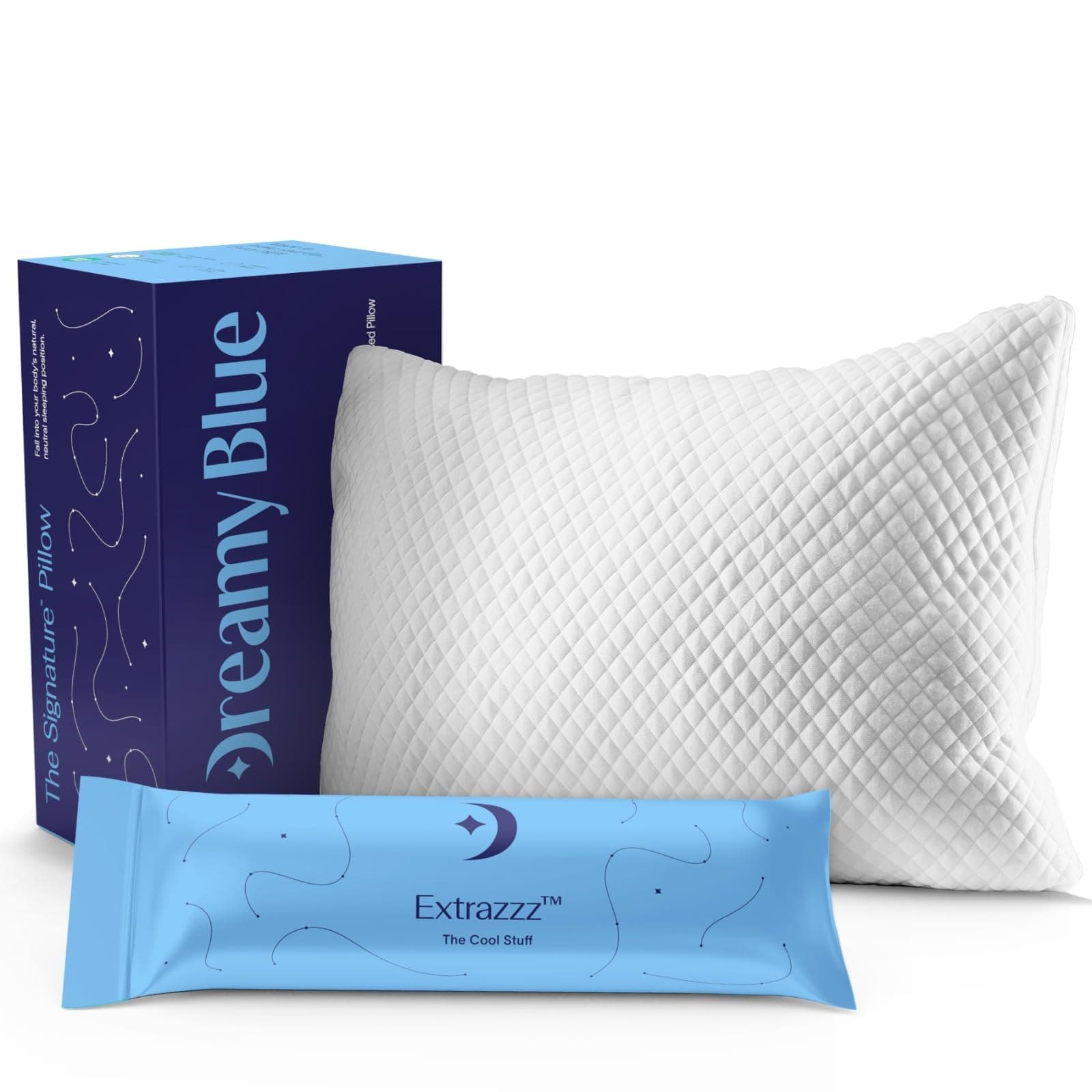 DreamyBlue Premium Pillow for Sleeping - Shredded Memory Foam Fill [Adjustable Loft] Washable Cover from Bamboo Derived Rayon - for Side, Back, Stomach Sleepers - CertiPUR-US Certified (Queen)