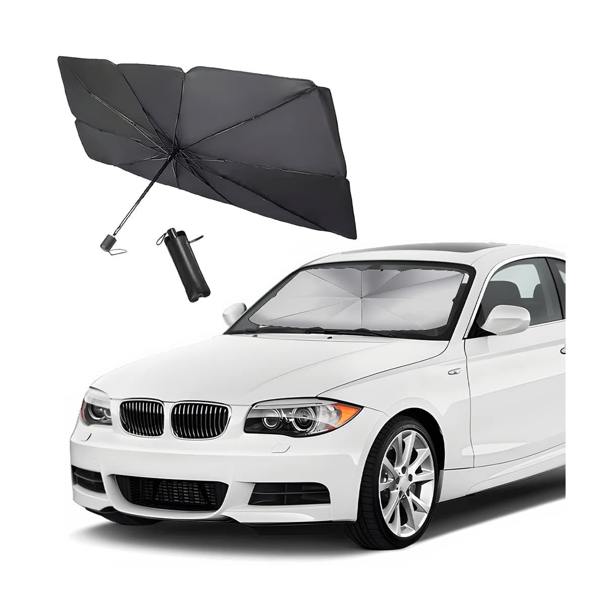 Moly Magnolia Windshield Sunshade Umbrella, Car Front Window Visor Blocks UV Rays, Folding Heat Protection Auto Sun Shield Cover, Windscreen Shade Universal for Most Sedans, Truck, SUV (49" x25”)