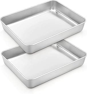 Small Lasagna Pan Set of 2, 10.5’’ x 8’’ x 2’’ Stainless Steel Rectangular Brownie Cake Pan For Baking Roasting, Healthy & Sturdy, Brushed Surface & Dishwasher Safe, Deep Side