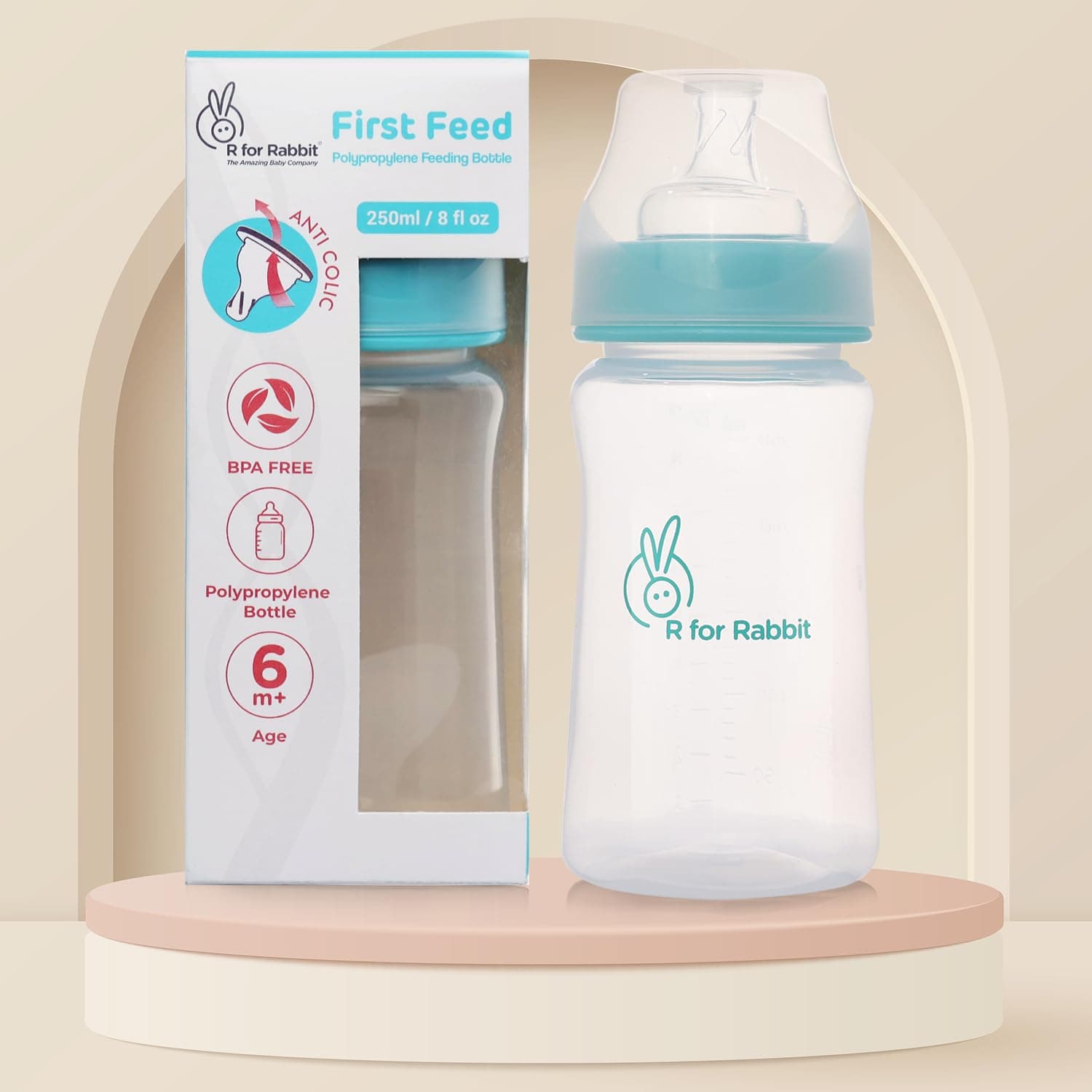 R for Rabbit First Feed 250 ml Baby Feeding PP Bottle with Anti-Colic Wide Neck, BPA Free Soft Silicone Nipple, Milk Feeder for New Born/Infants/Toddler Kids of 6+ Months (Sea Green)