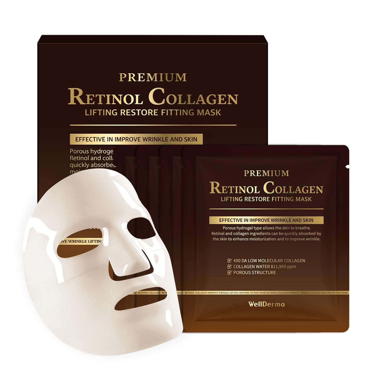 WELLDERMA Retinol Peptide Lifting Restore Hydrogel Fitting Mask, 25g x 4 Sheets – Firming & Hydrating Micro-Hole Sheet Mask with Retinol, Peptide Complex, Collagen Water & Niacinamide