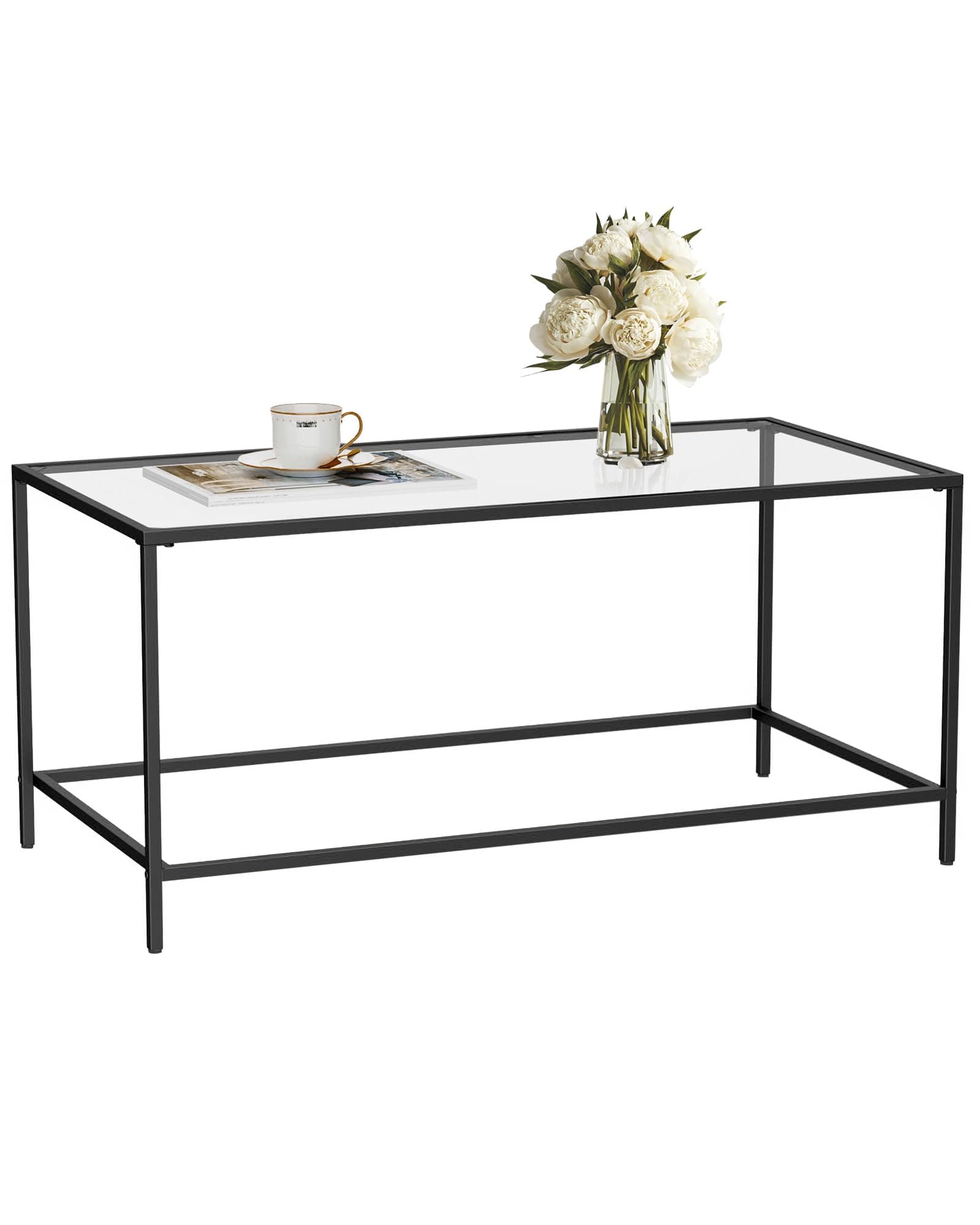 Glass Coffee Table, Modern Rectangular Coffee Table for Living Room, Minimalist Center Tea Table with Sturdy Metal Frame for Apartment, Office, Easy Assembly, 39.4 x 19.7 x 17.7 Inches, Black