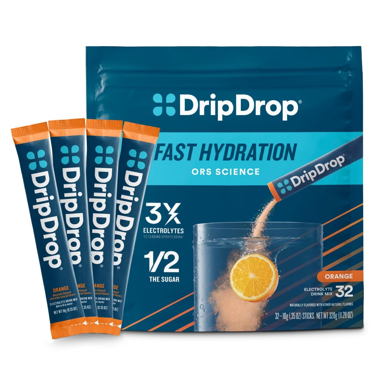 DripDrop ORS – Patented Electrolyte Powder for Dehydration Relief Fast - For Workout, Hangover, Illness, Sweating & Travel Recovery - Orange - 32 x 8oz Servings