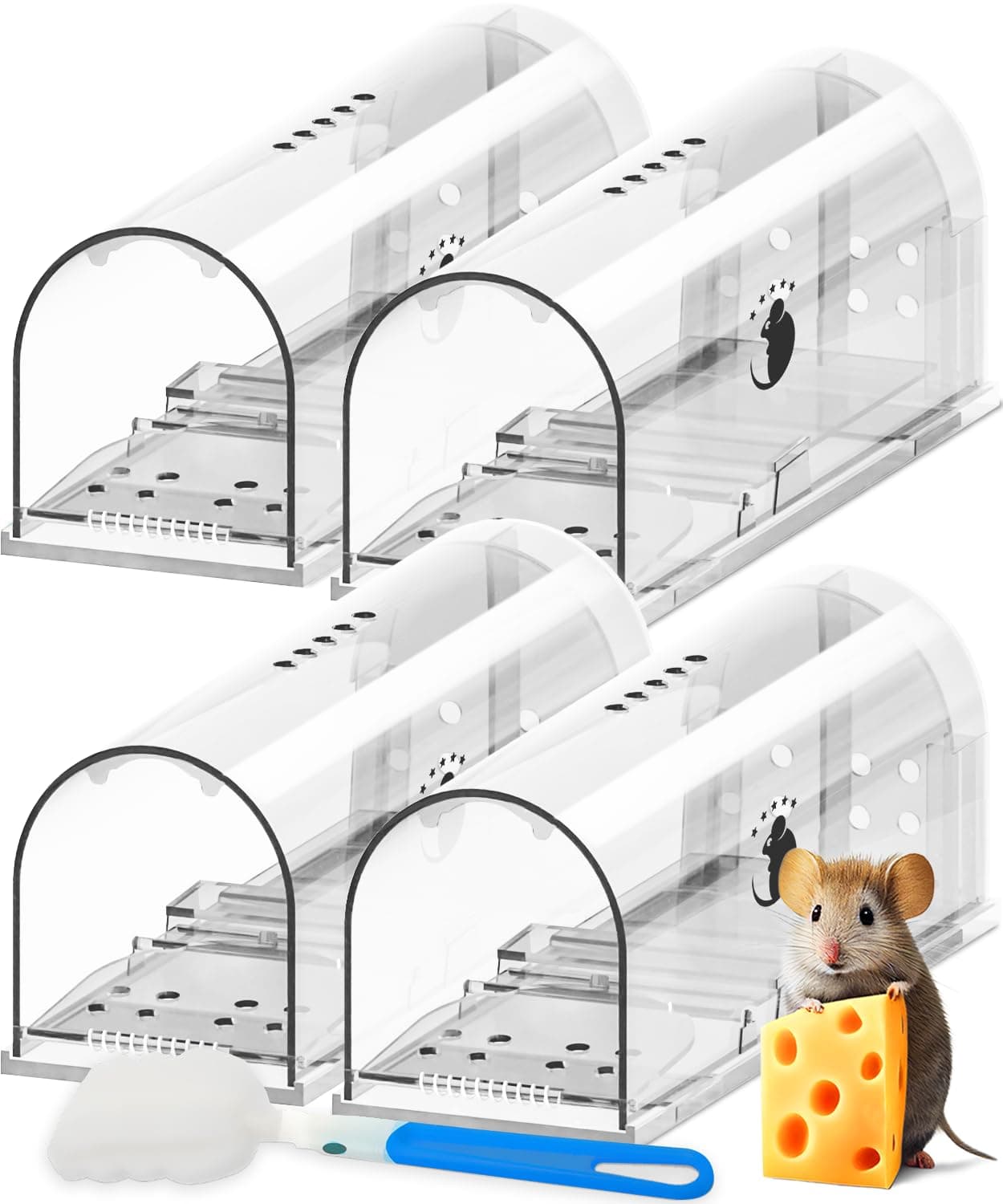 Motel Mouse Humane No Kill Live Catch and Release Mouse Traps, Reusable with Cleaning Brush - 4 Pack