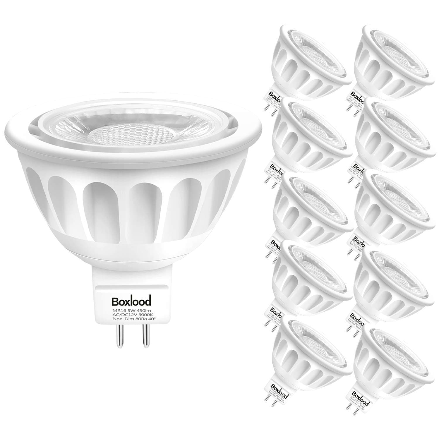 10Pack MR16 LED Light Bulbs, AC/DC12 Volt LED Spotlight Bulb, Gu5.3 Bi-Pin Base, 5 Watt(50 Watt Equivalent), Non Dimmable, 3000 Kelvin Warm White, 40 Degree Narrow Beam Angle by Boxlood