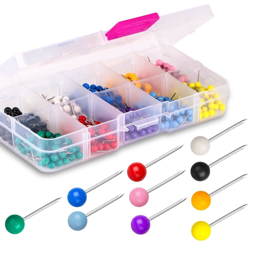 Push Pins Map Tacks Marking Pins 1/8-Inch Plastic Beads Head, 10 Assorted Colors