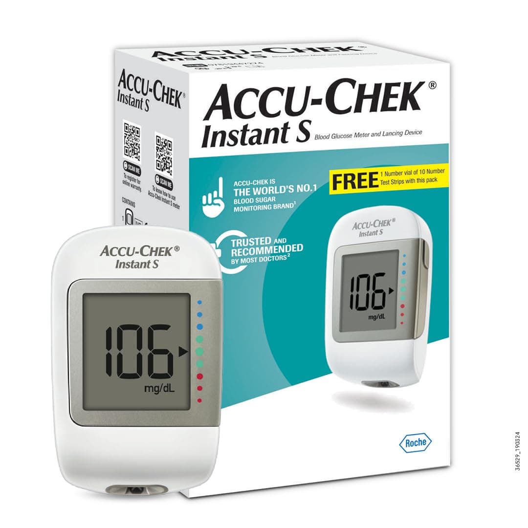 Accu-Chek Instant S Glucometer with Free Test Strips, 10 Count (White)