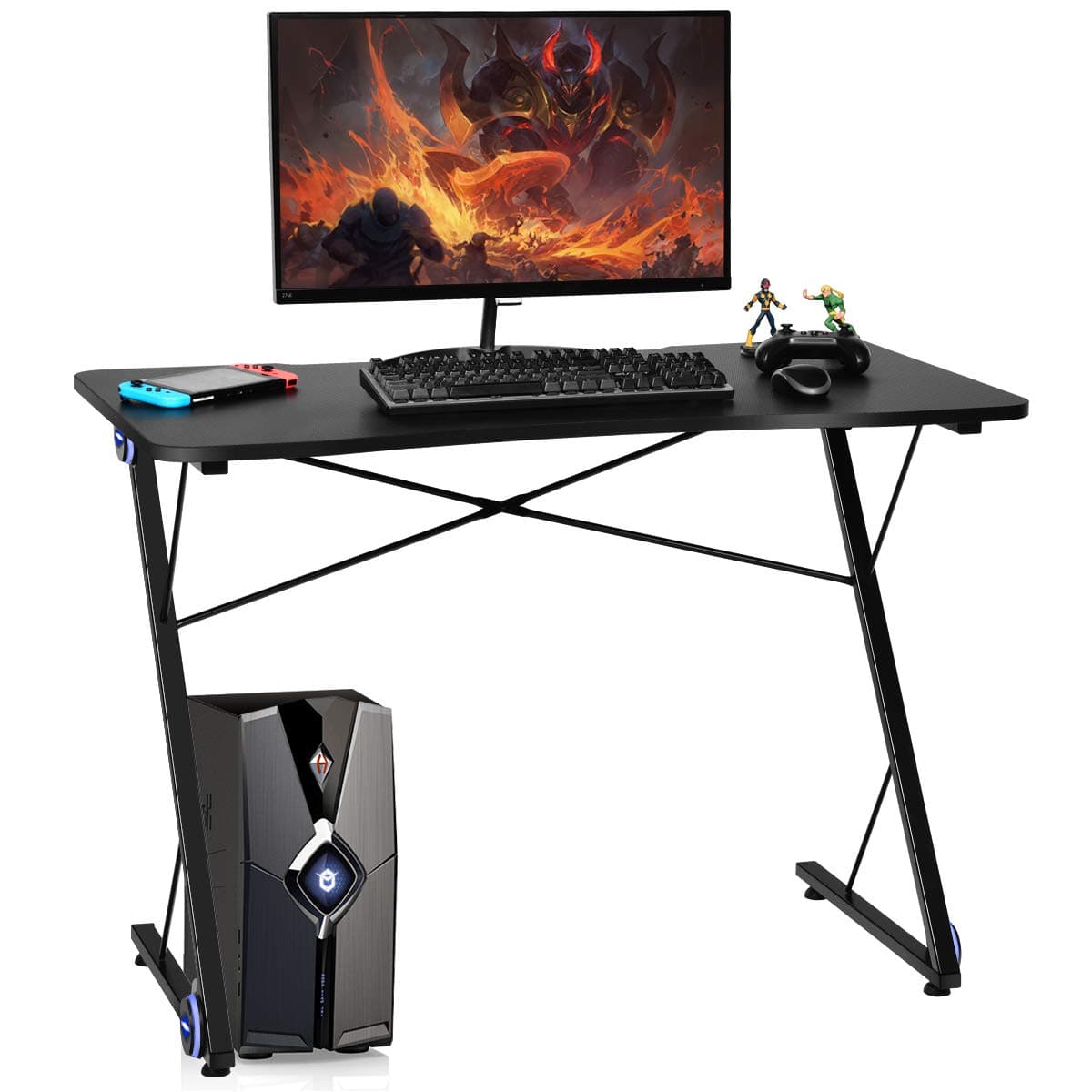 CASART Black Computer Desk, Z-Shaped PC Workstation with LED Lights, Racing Gaming Desks for Study Office Home Indoor