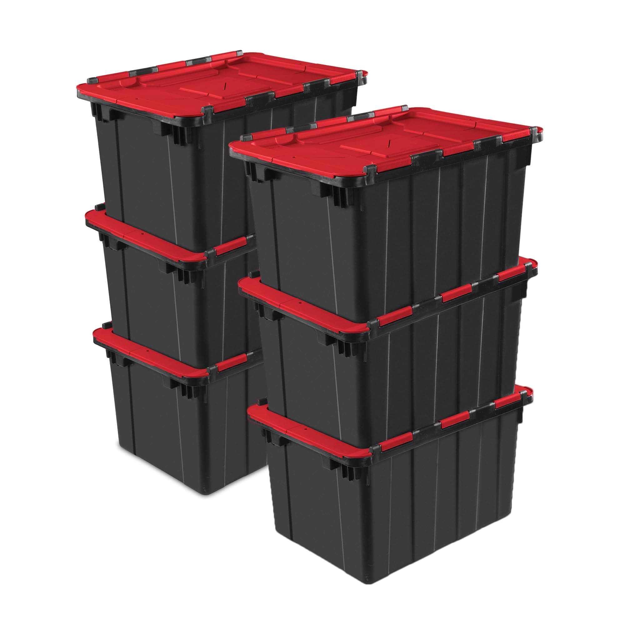 6 Pack Hinged Lid Industrial Totes, 12 Gal Stackable Storage Bins, Black/Red Lid