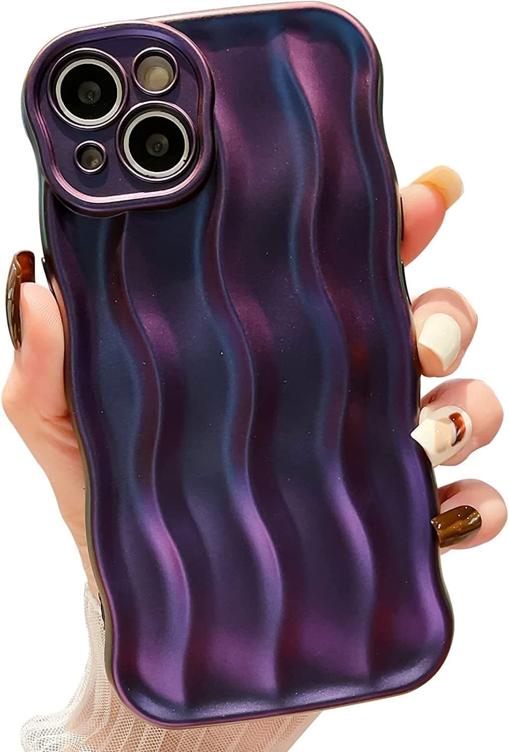 EYZUTAK 3D Water Ripple Pattern Case for iPhone 13 6.1 inch, Solid Color Cute Curly Waves Frame Shape Phone Case Glossy Shockproof Soft TPU Anti-Scratch Phone Cover Slim Bumper Case - Purple