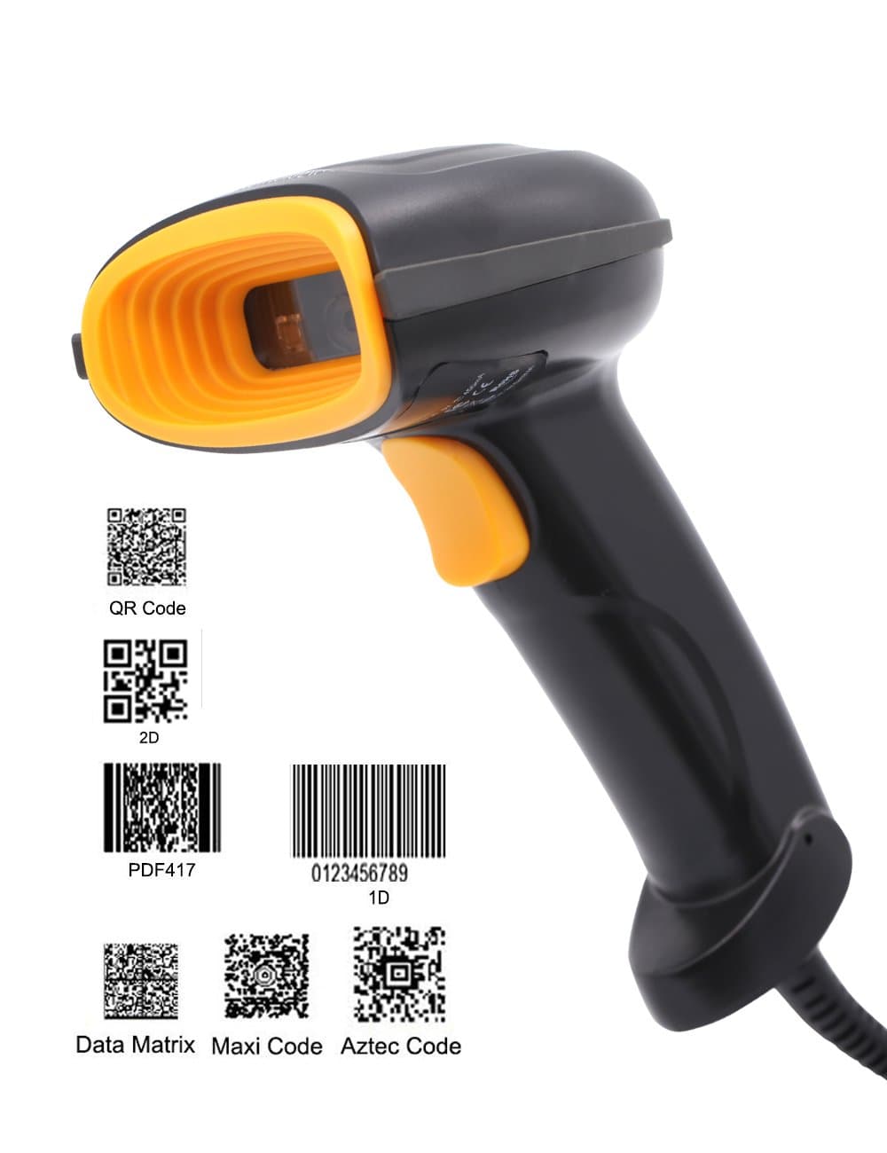 Handheld 1D 2D CCD Barcode Scanner USB Wired Scanner Code Bar Code 93 QR, Accurate and Fast Read, IP54, Plug and Play