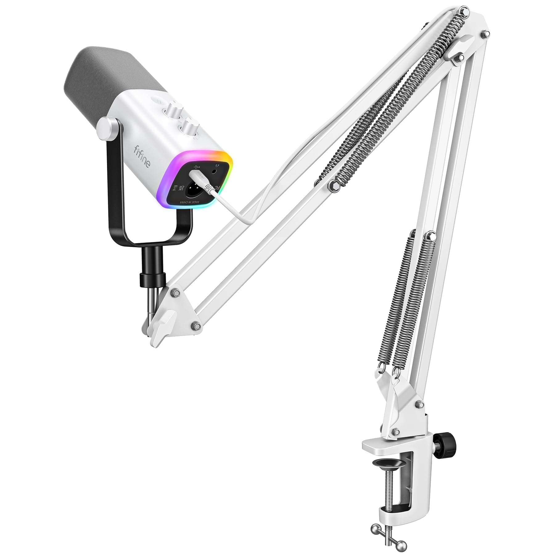 FIFINE Gaming XLR/USB Microphone Kit, Streaming Dynamic Microphone Set for PC/PS5, Computer Mic for Vocal Podcast Recording Voiceover, with Headphones Jack, Gain Knob, Arm Stand-AmpliGame AM8T White