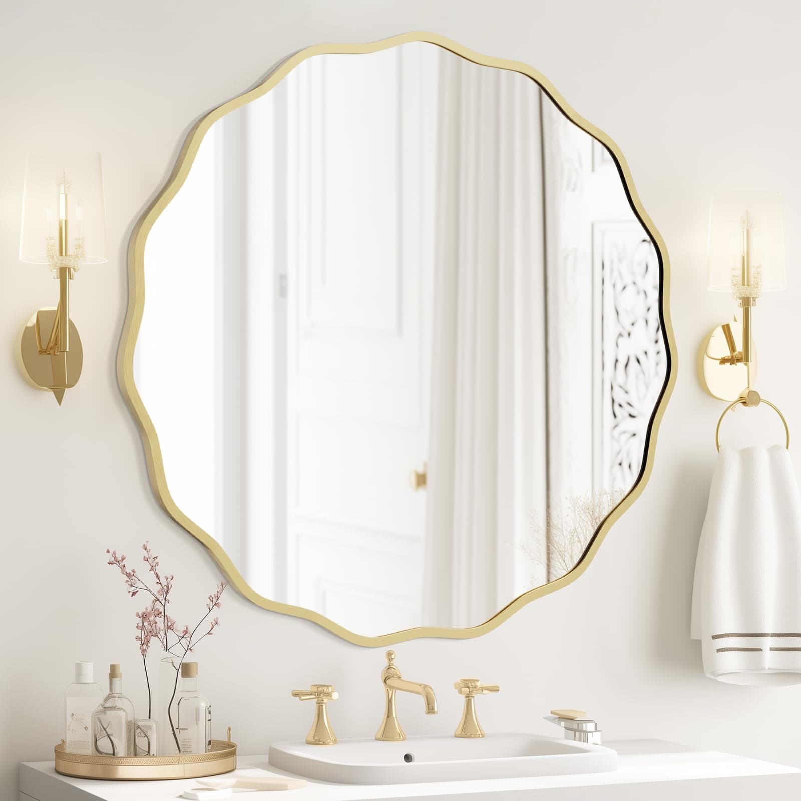 WallBeyond Round Wavy Mirror for Wall Decorative 32 inch, Modern Round Mirror Aluminum Frame for Bathroom Bedroom Living Room Home House Office Entryway, Gold
