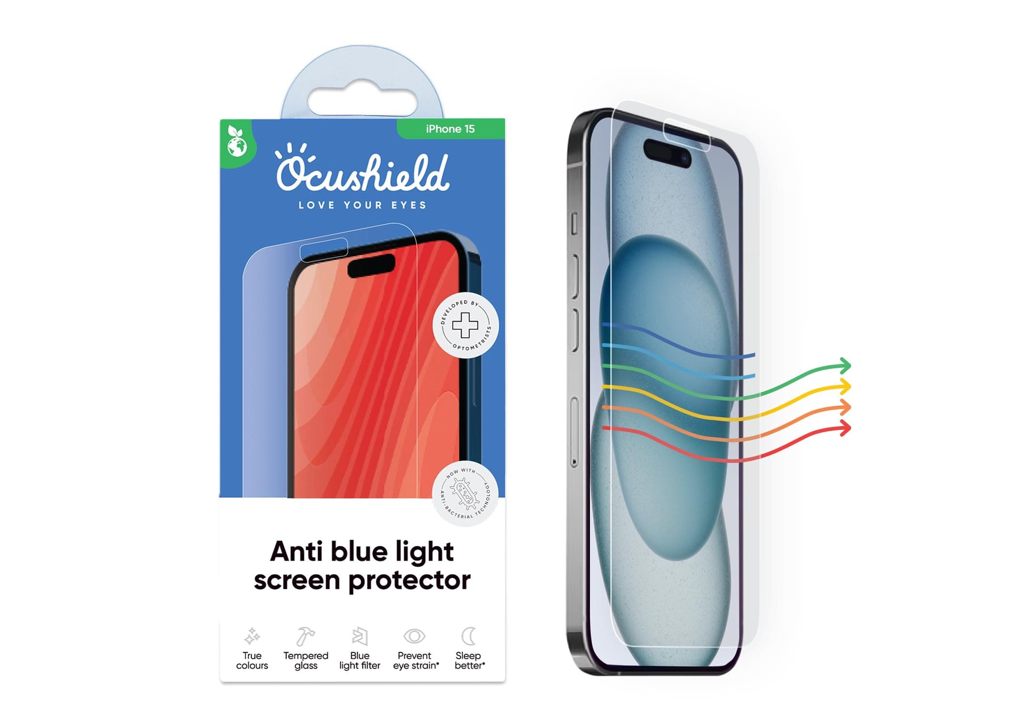 Ocushield Anti Blue Light Tempered Glass Screen Protector for iPhone 15 (6.1") - Protect Your Eyes, Reduce Migraines & Improve Sleep