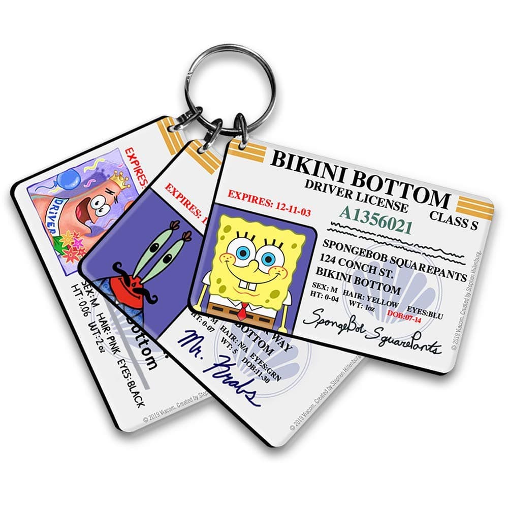 SpongeBob Bikini Bottom Drivers License Keychain Bundle - 3 Pack - SpongeBob, Patrick, Mr. Krabs Keychains - Officially Licensed