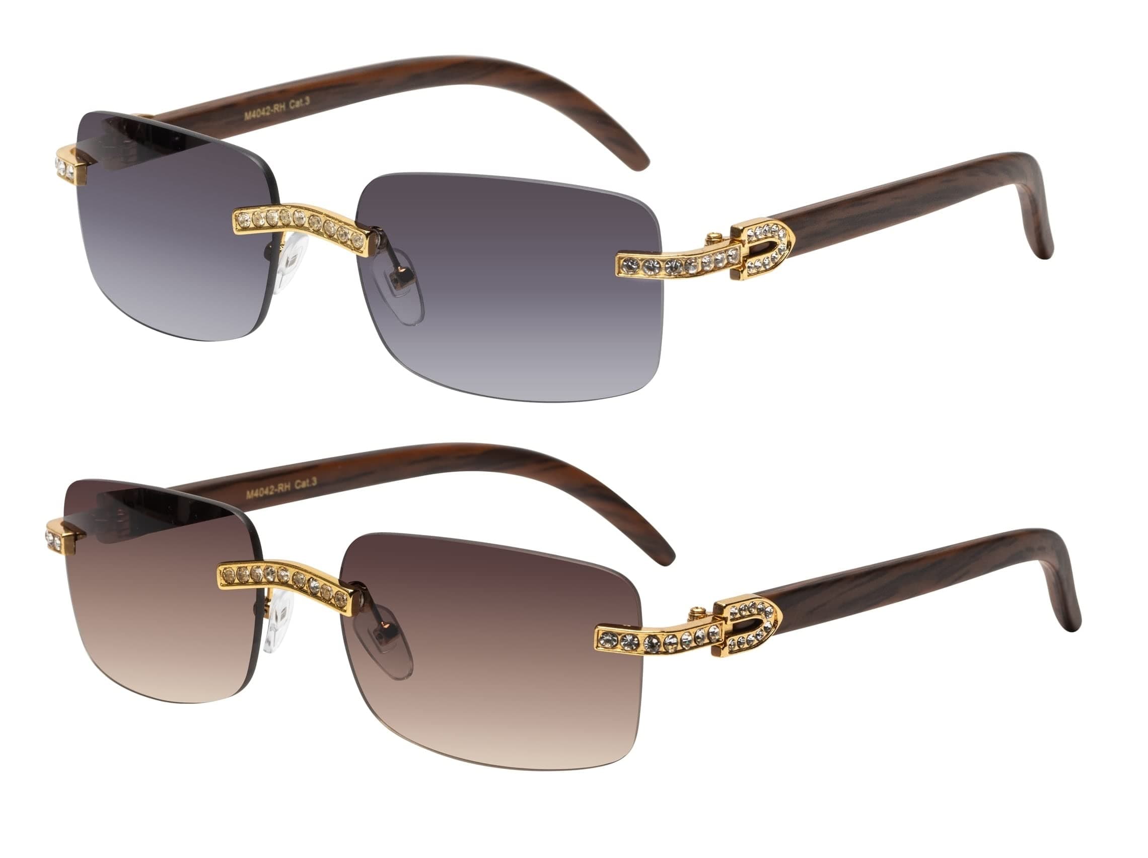 Retro Vintage Style Rimless Clear Lens Sunglasses for Women & Men Luxury Glasses Fashion Crystal Wood Eyewear Shades