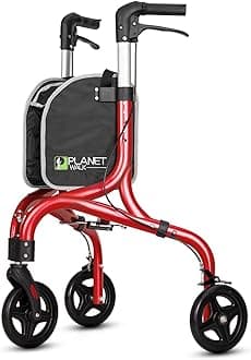 Planetwalk Premium 3 Wheel Rollator Walker for Seniors - Ultra Lightweight Foldable Walker for Elderly, Aluminum Three Wheel Mobility Aid, Brilliant Red