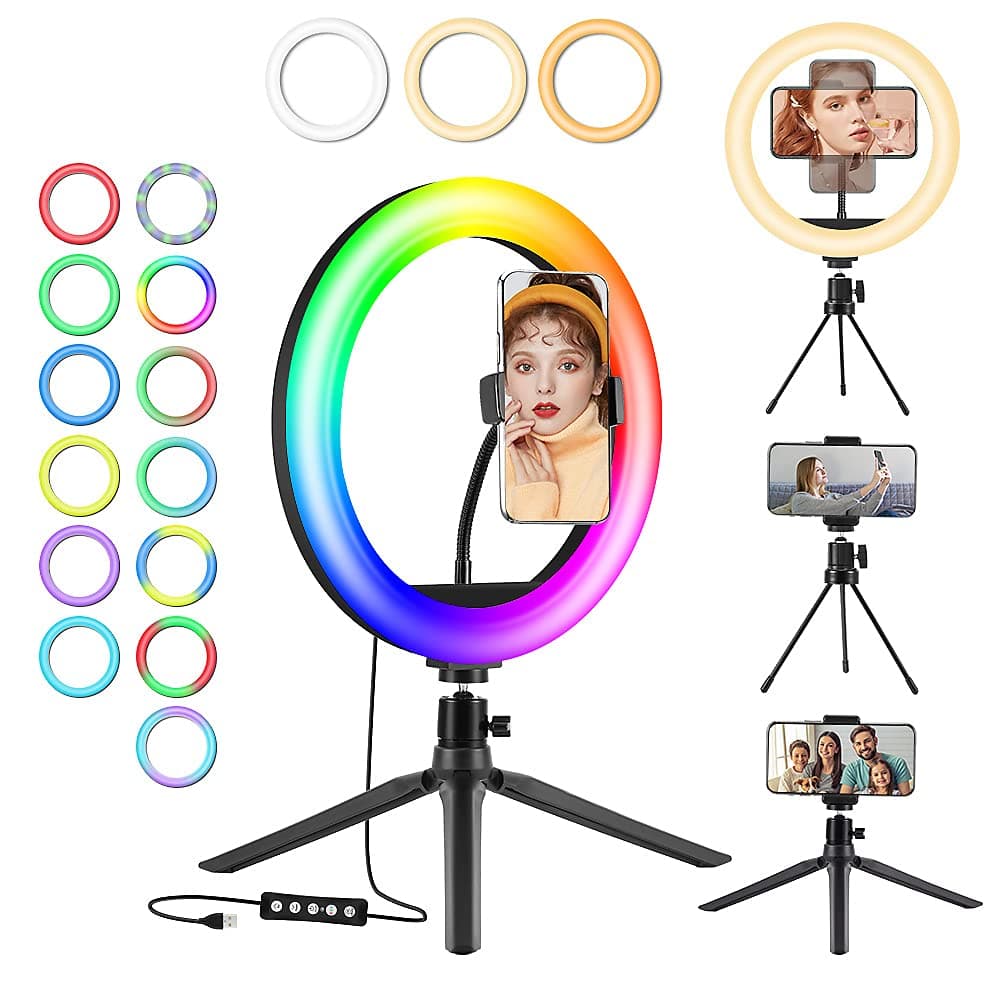10" Desktop RGB LED Ring Light with Tripod Stand, Dimmable Colour Changing Colorful Lamp Phone Holder Clip Tabletop Selfie Ringlight for Make Up/YouTube Live Streaming Video Kit