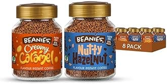 Beanies Instant Coffee Creamy Caramel x 4 Nutty Hazelnut x 4, 400g 50g x 8 Pack - Sugar Free Coffee, Low Calorie Drink, Vegan Friendly, Smooth Flavour Mix