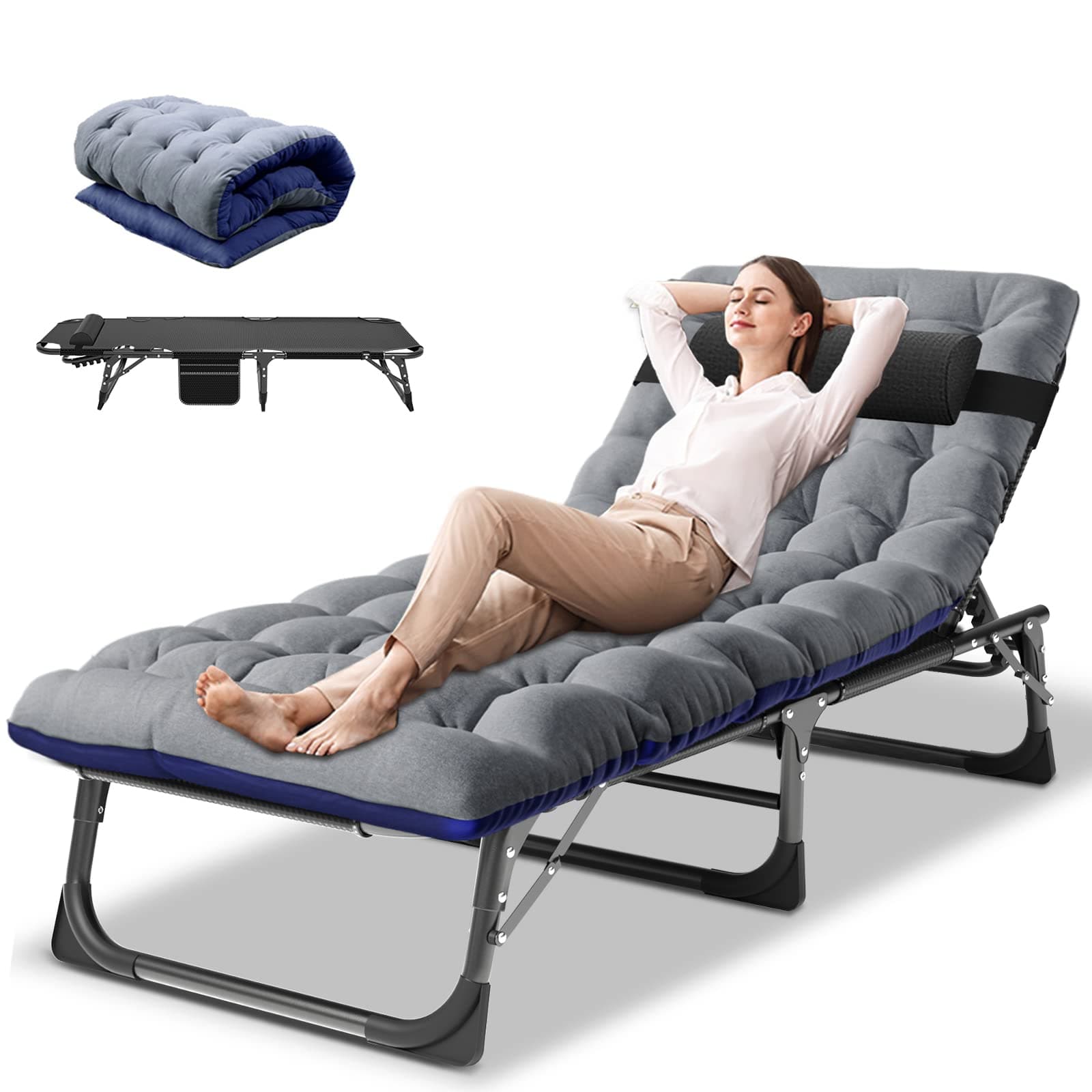 DoCred Folding Lounge Chair with Mattress, 5 Position Adjustable Folding Sleeping Bed Cot Chaise Lounge Chairs Perfect for Sunbathing, Camping, Pool, Beach, Patio