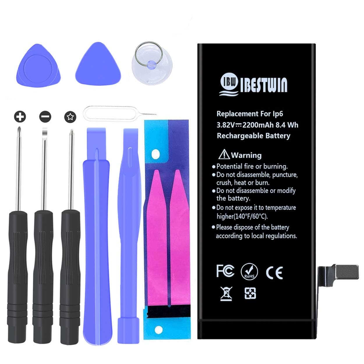 Battery for iPhone 6, 3.82V 2200mAh Battery Replacement Kit for iPhone 6 A1549, A1586, A1589 with Remove Tool Kit, High Capacity Battery 36 Months Warranty