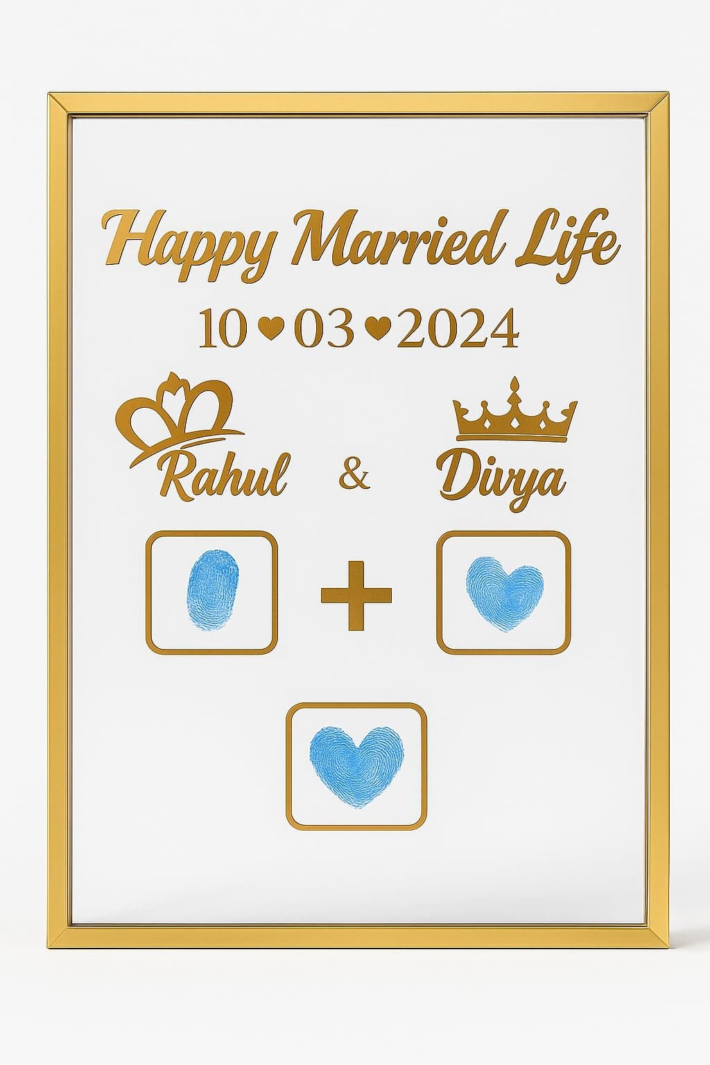 Personalized Wedding Gift Frame – Custom Names, Date & Fingerprint Design | Golden Metal Accent Anniversary Keepsake for Couples, Newlyweds & Special Occasions