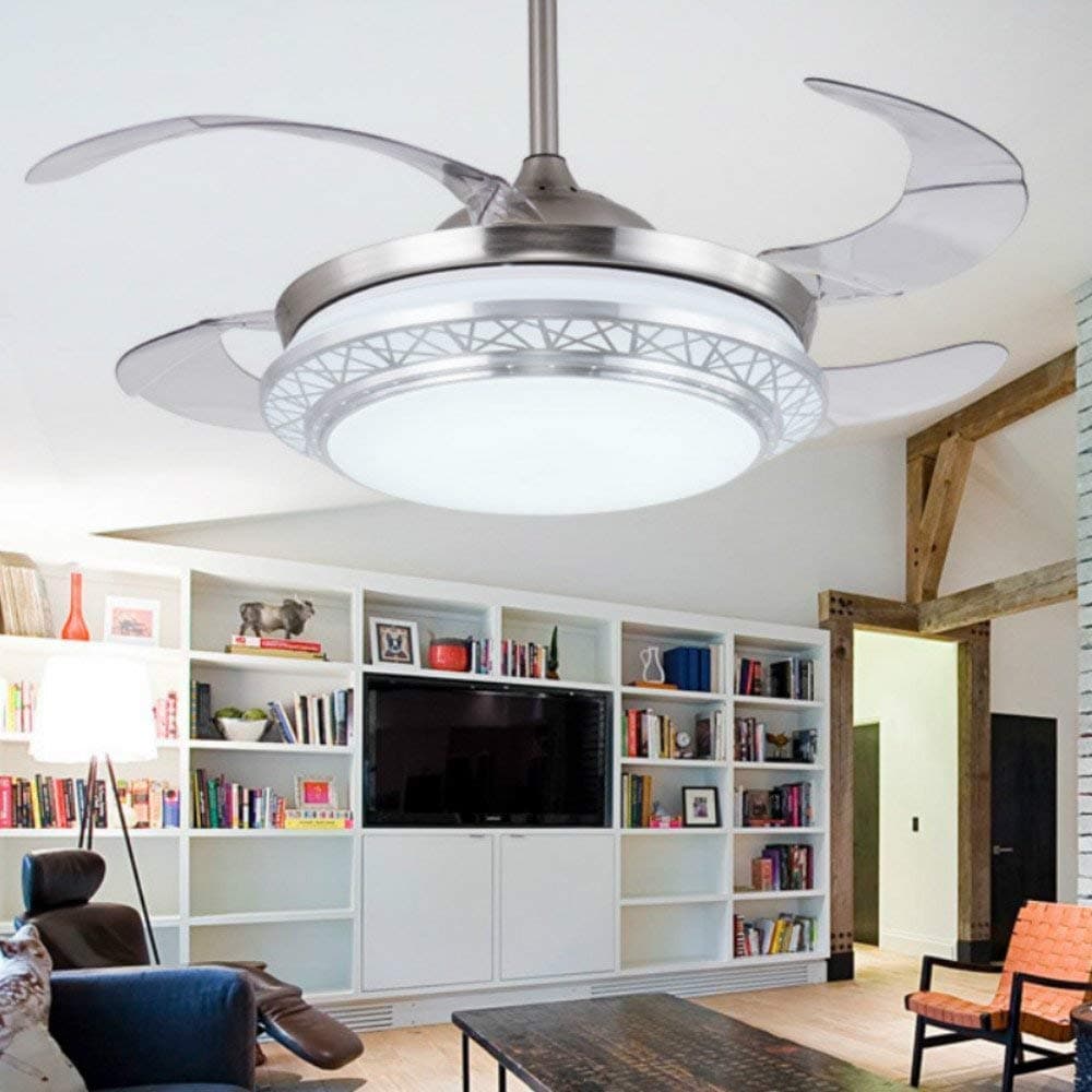 Lighting Groups Modern Acrylic Blades Cool Ceiling Fan Light Kit 42 Inch Invisible Energy-Saving Mute Fan Chandeliers for Indoor Living Room Bedroom Dining Room Ceiling Fan Light Fixtures (Silver)