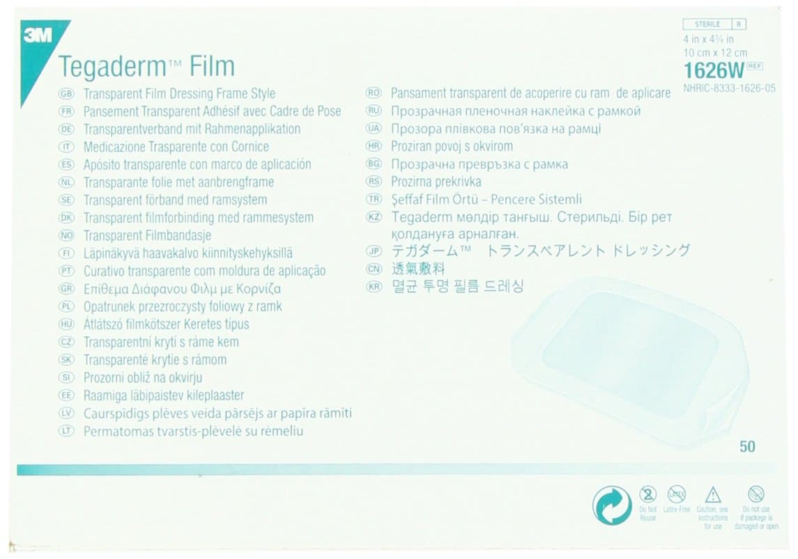 Tegaderm 3M Transparent Dressing with Label 4" x 4 3/4" (10 x 12 cm)50 per Box #1626W