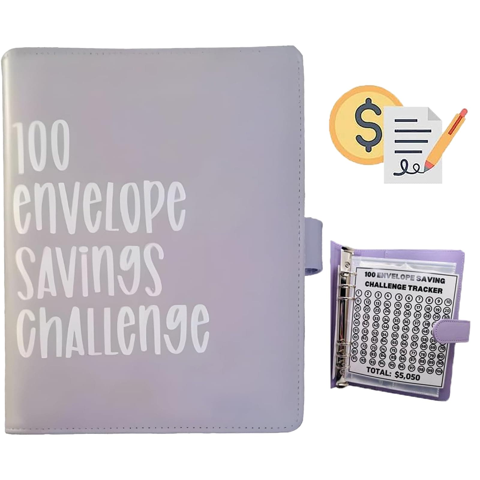 100 Envelope Challenge Binder, Savings Challenges Sheets,Easy and Fun Way to Save $5,050, Budget Binder with Cash Envelopes, Savings Challenges Binder, Budget Planner Book for Budgeting (Lilac)