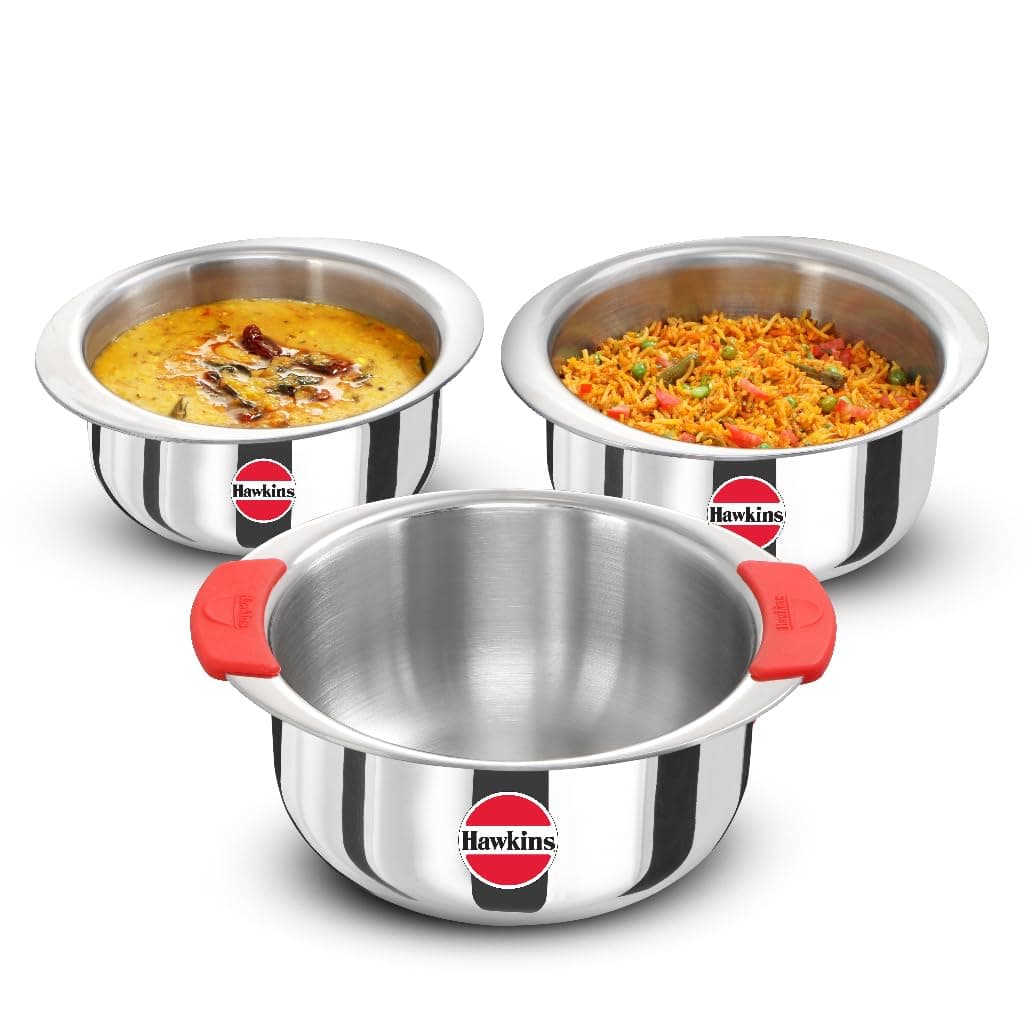 Kitchen Gift Pack 2023 (23SGP) 3-Piece Set of 1.5-2-2.5-Litre Triply Stainless Steel Patila, Tope, Bhagona, Tapeli, Saucepans