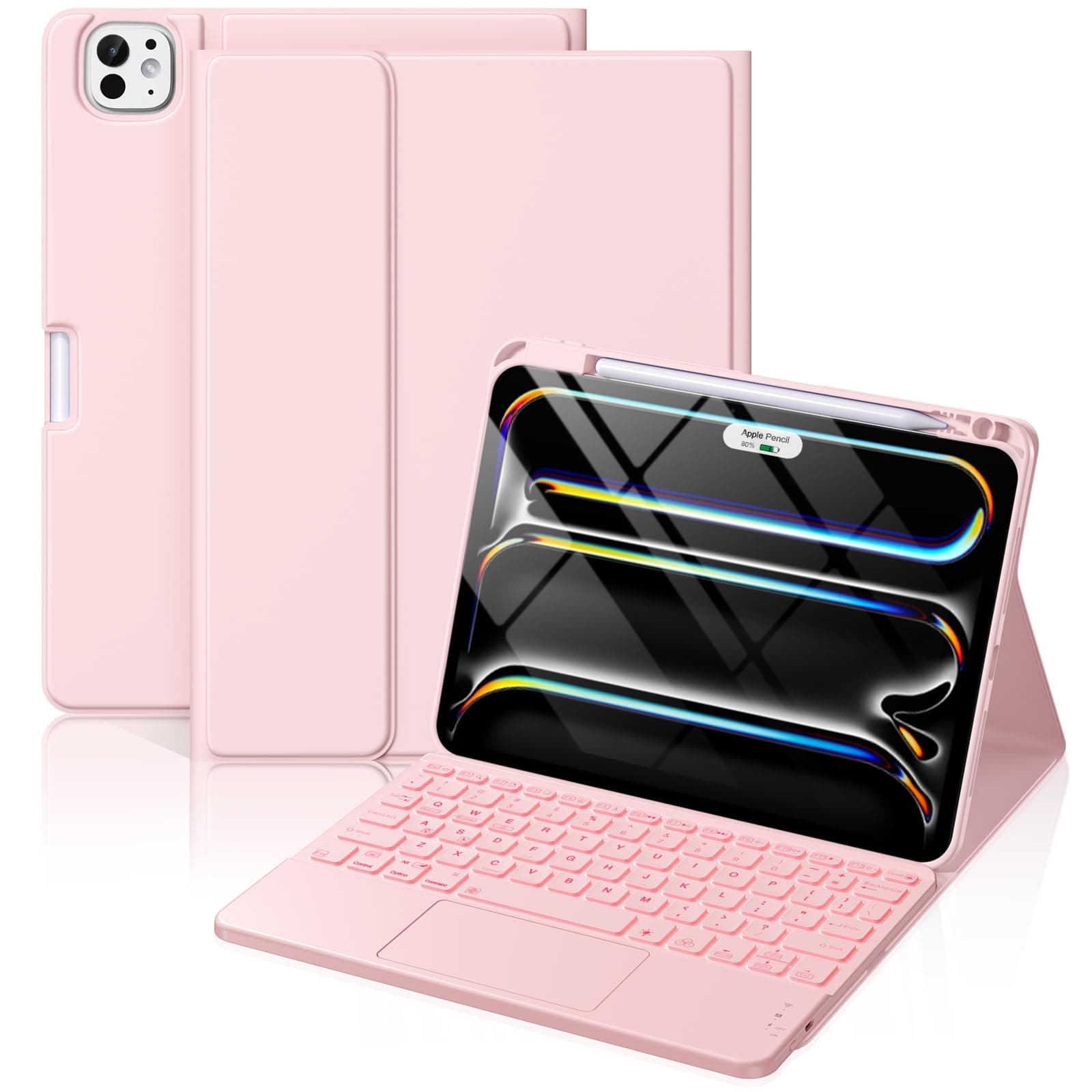 Hamile for iPad Pro 11-inch Case with Keyboard (M5/M4) - Magnetic Wireless Detachable Keyboard with Multi-Touch Trackpad 7 Colors Backlit Stain Proof Folio Cover for Pro 11 Inch 2025 2024 - Light Pink
