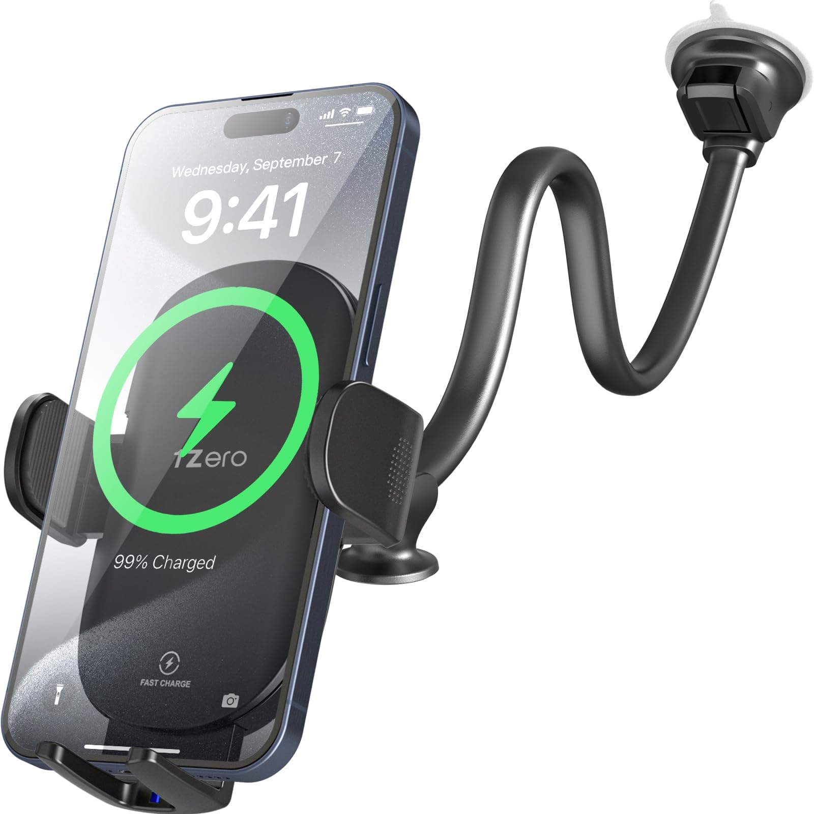 1Zero Solid Car Truck Phone Mount Wireless Charger Holder with 14-Inch Gooseneck Long Arm for iPhone 15 Pro Max Plus 14 13 12 11 XS X Samsung S24 Ultra S23 S22 S22 S21 S20 Pixel 9 Pro XL 8 7 6 5 4