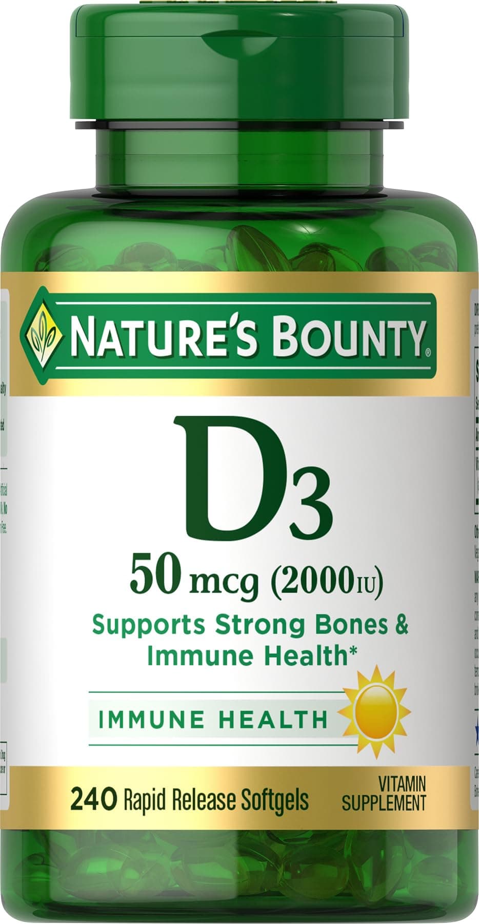 Nature's Bounty Vitamin D3 2000 IU, Immune and Bone Support, Vitamin Supplement, 1 Per day, 240 Rapid Release Softgels
