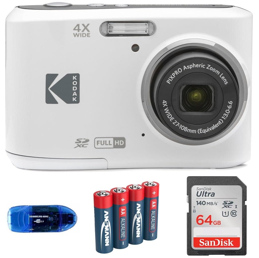 Pixpro FZ45 Digital Camera Bundle, Includes: SanDisk 64GB SDXC Memory Card, Spare Batteries and Card Reader (4 Items) (White)