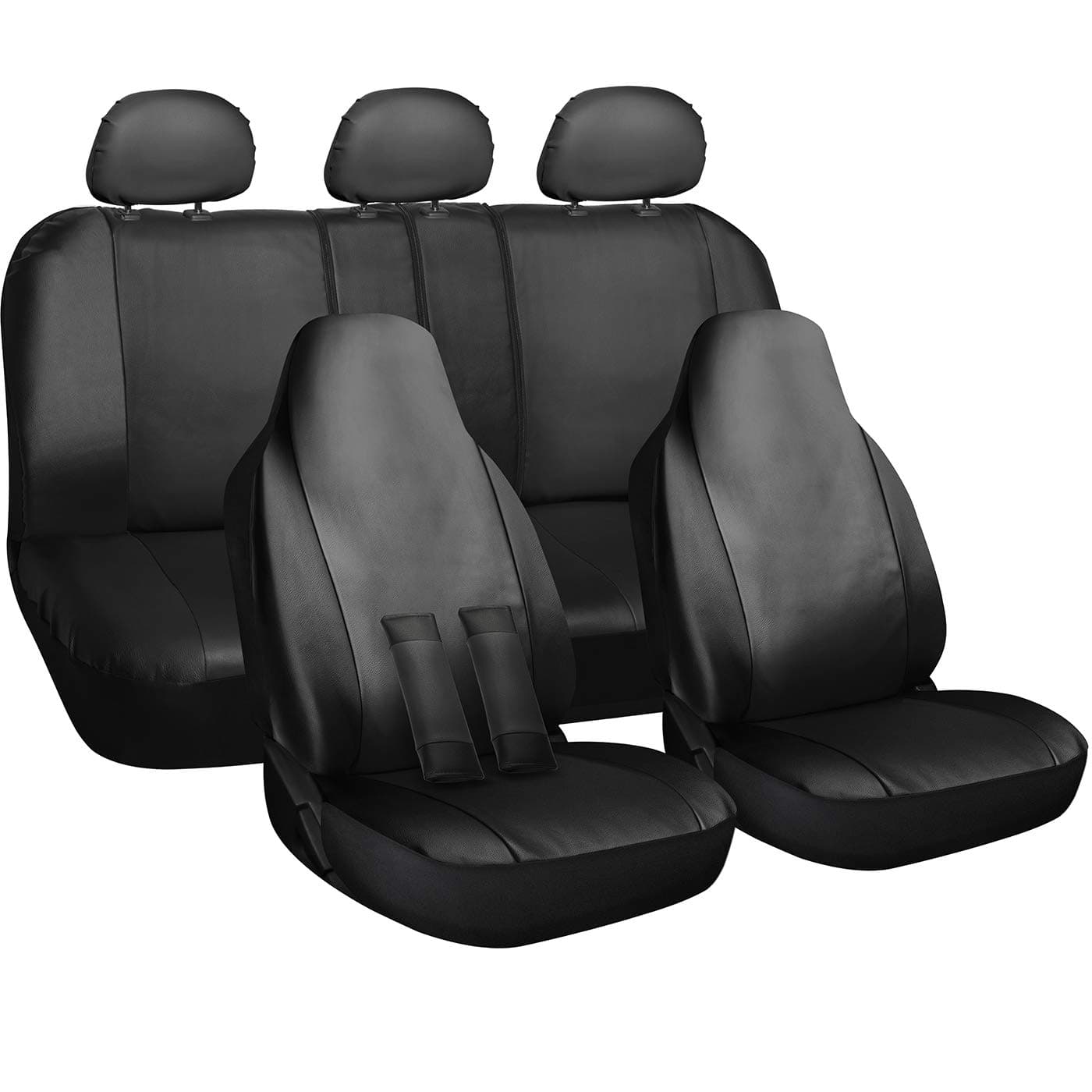 OxGordCar Seat Cover - PU Leather Solid Black with Front Low Bucket and 50-50 or 60-40 Rear Split Bench - Universal Fit for Cars, Trucks, SUVs, Vans - 10 pc Complete Full Set