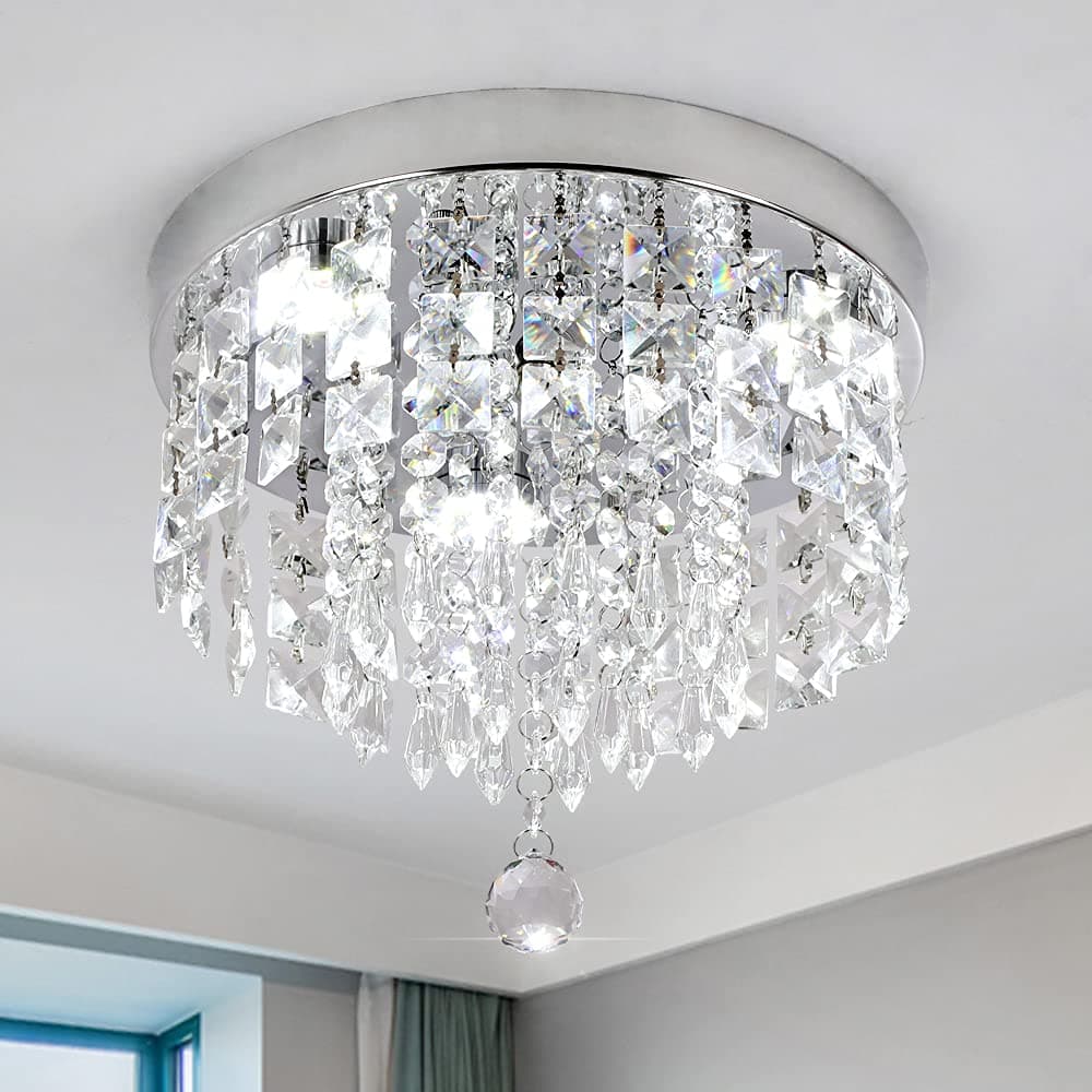 Deckrico Crystal Chandelier Modern Led Ceiling Light Flush Mount Stainless Steel Fixture Beaded Light Shade for Bedroom Dining Room Hallway Porch (White Light)