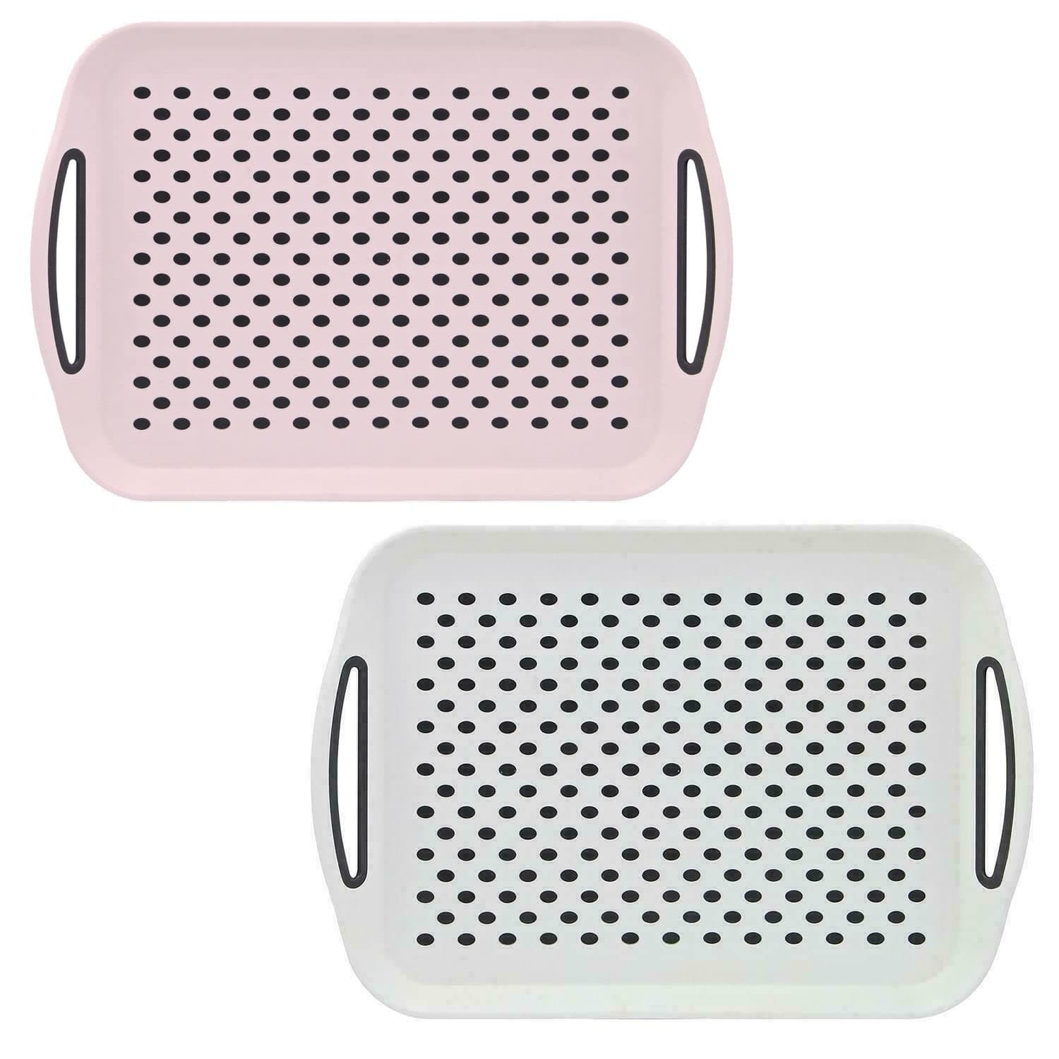 SASHTECH-Set of 2 Anti Slip Food Tray Rectangular Top and Bottom Non-Slip Tray (White/Pink}