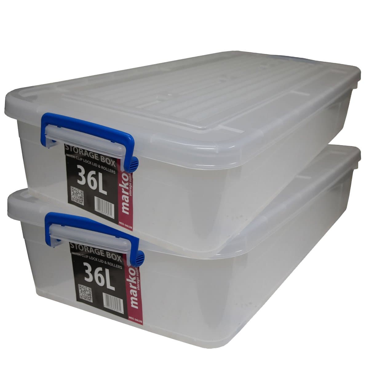 2 x 36ltr Heavy Duty Strong Underbed Storage Box w/Wheels & Clip Lids