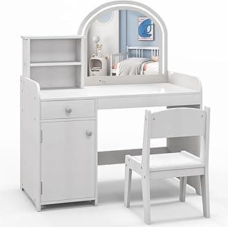 Sponsored Ad – GYMAX Kids Vanity Table and Chair Set, Children Dressing Table with 2-Color LED Lighted Mirror, Drawer, Shelves and Cabinet, Wooden Girls Make up Table Set for Bedroom (White)