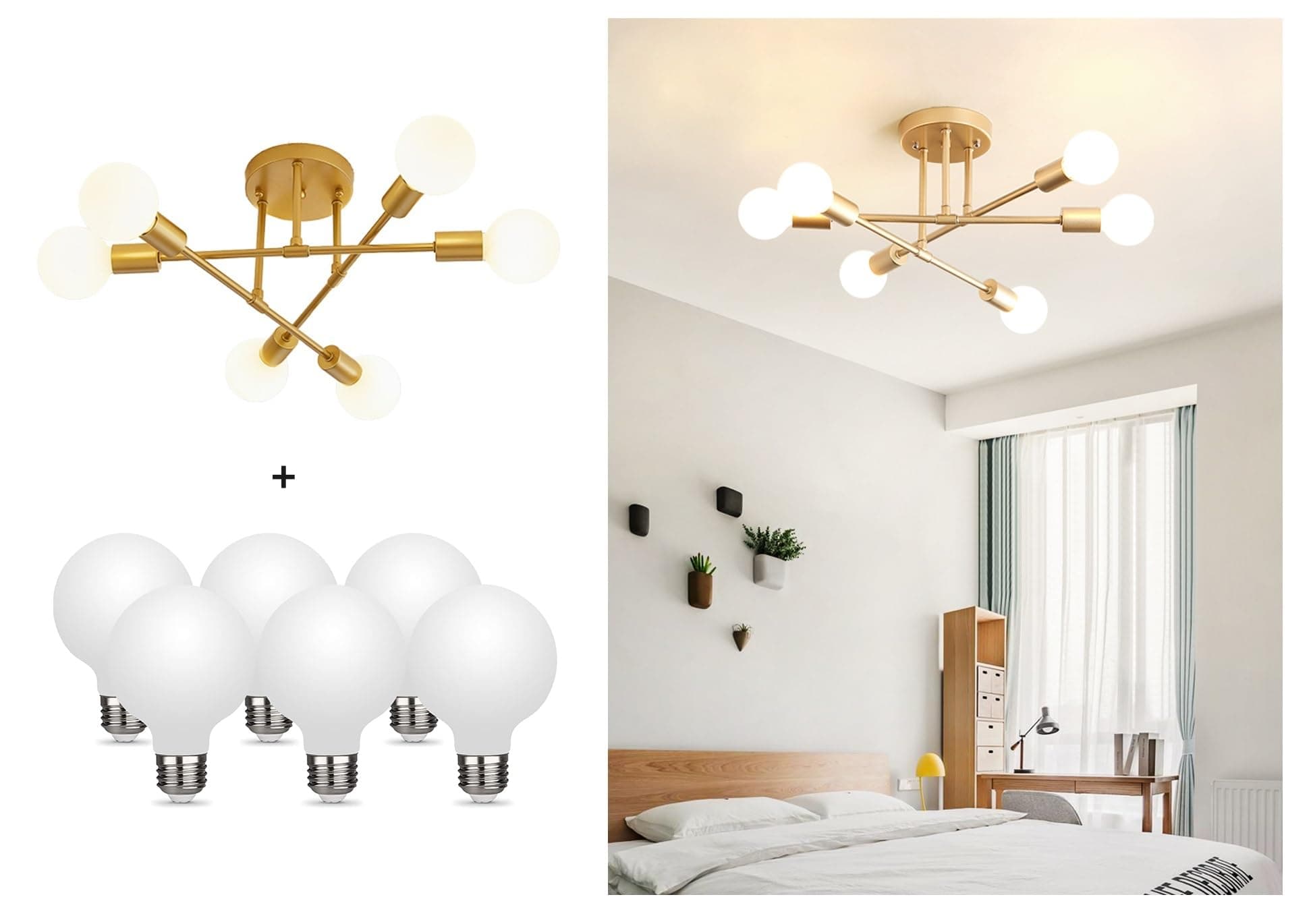 Modern Sputnik Chandelier, 6-Light Ceiling Light, LED Light Bulbs Included for Bedroom,Dining Room,Kitchen,Office (Gold)