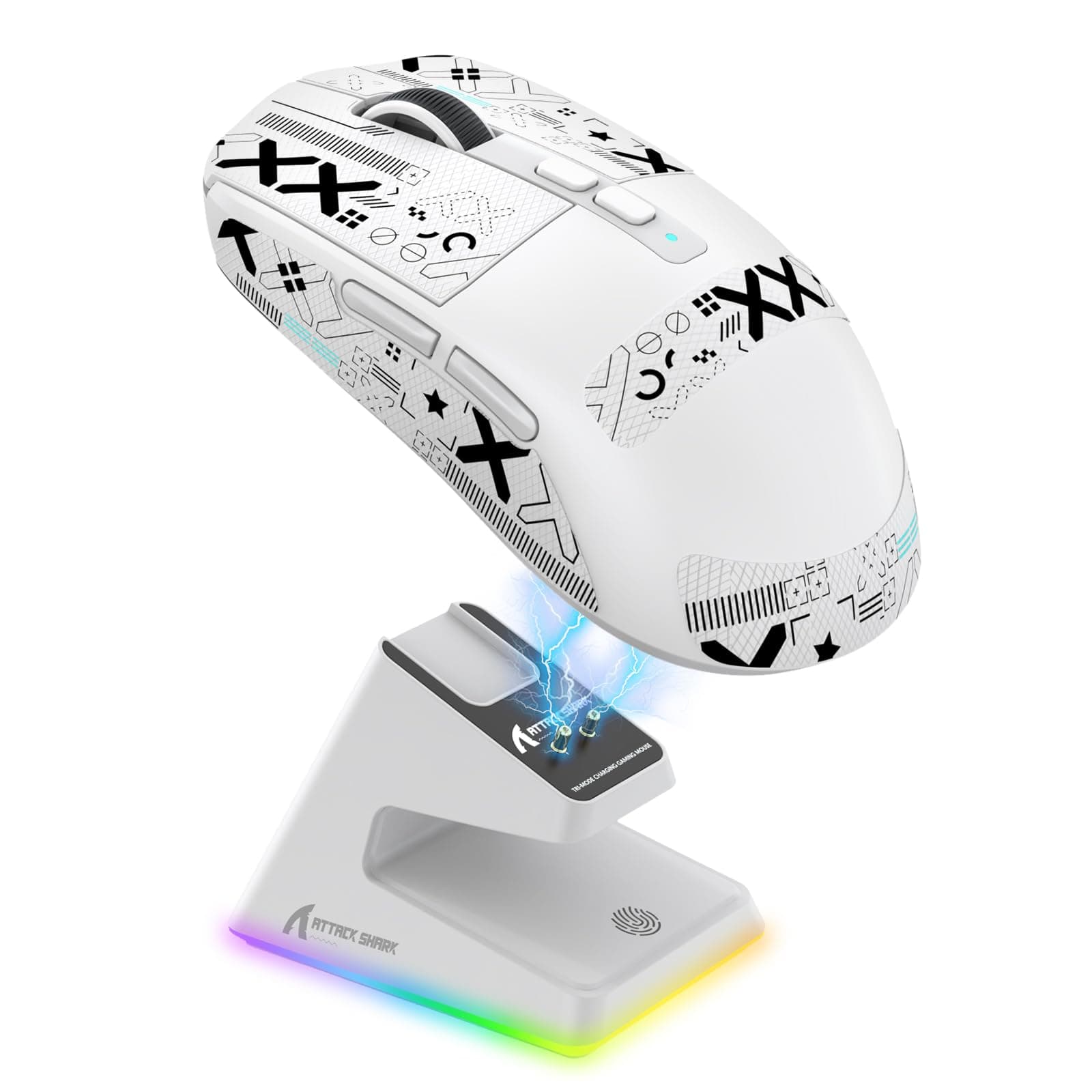 ATTACK SHARK X6 Lightweight Wireless Gaming Mouse with RGB Backlight Charging Base,Tri-Mode Wired/2.4GHz/BT5.2,26K DPI, PAW3395 Optical Sensor,HUANO Switch,5programmable Buttons,PC/Mac(White+Sticker)