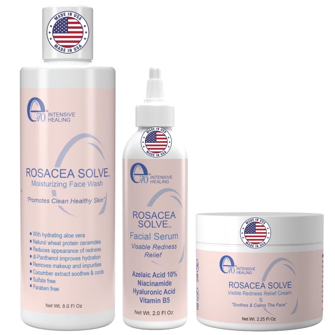 Rosacea Solve Set - Includes Rosacea Cream, Serum and Moisturizing Face Wash - Combined Beneficial Ingredients such as Aloe Vera, Hyaluronic Acid, Niacinamide Coconut Oil, Cucumber, Wheat, Fruit