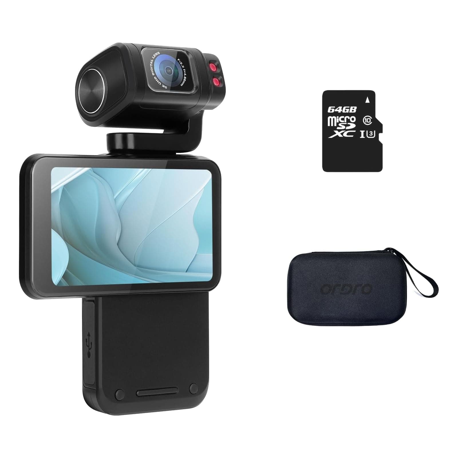 ORDRO M3 Handheld Vlog Camera, 5K Pocket Camera with 3.5-inch Flippable Touch Screen, 3250mAh Large Capacity Battery, IR Night Vision Function+64G Memory Card