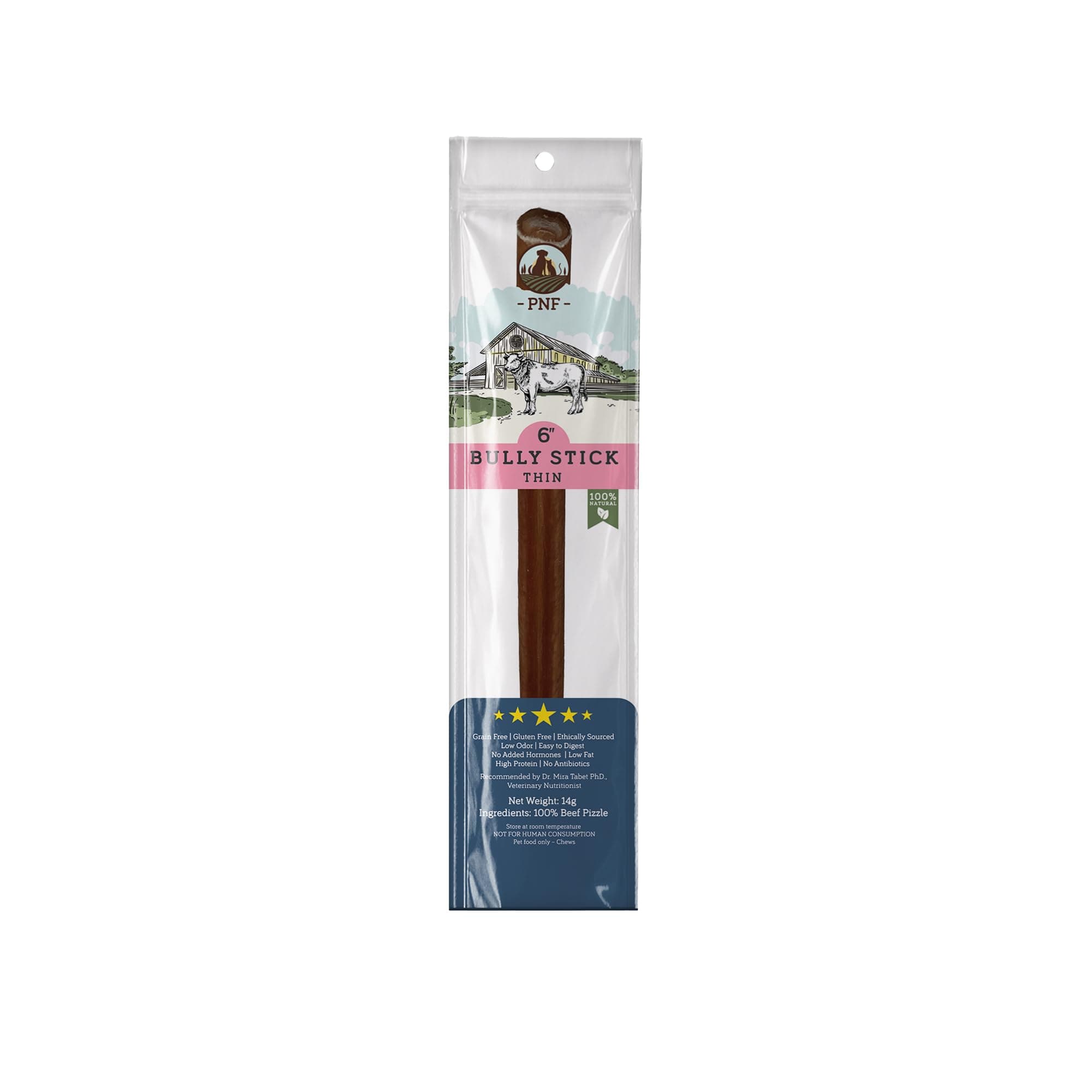 6" Bully Stick (Thin) - 1 piece - Dog Chew - Made from Antibiotic-free, hormones-free Beef - Ideal for smaller breeds and senior dogs
