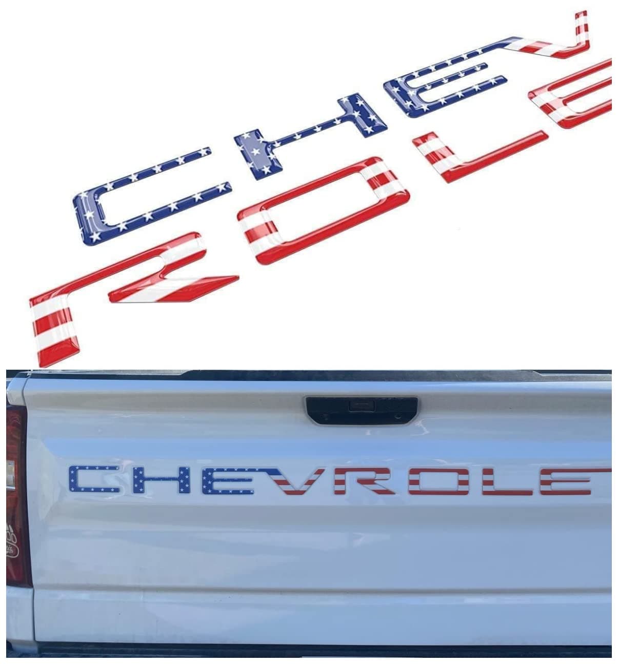 Tailgate Inserts Letters Compatible for 2019 2020 2021 2022 2023 1500 2500 HD Accessories, 3D Raised & Strong Adhesive Decals Letters, Tailgate Emblems Inserts Letters（American Flag）, MF-10