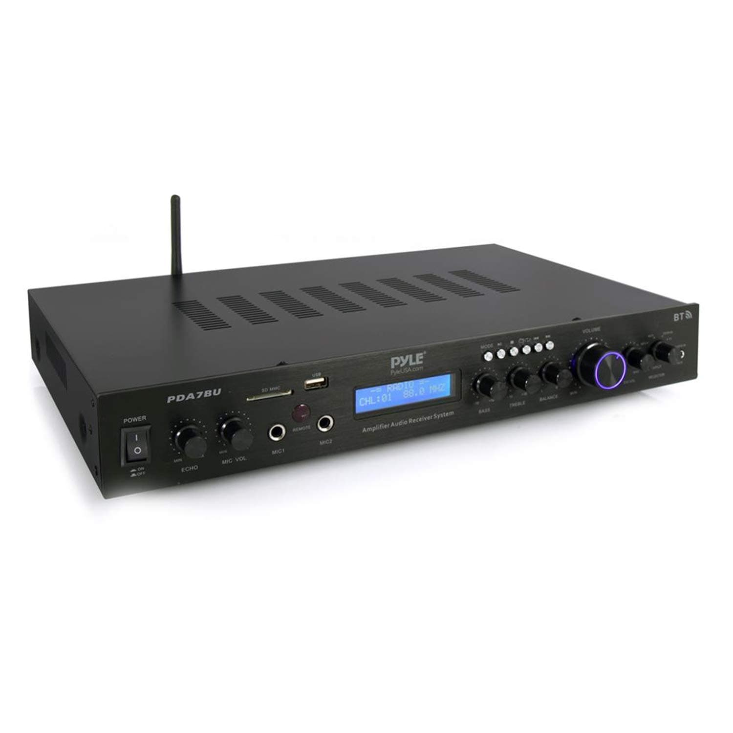 Pyle Bluetooth Home Theater Amplifier - 200 Watts into 5 Channels with Subwoofer Out, Easy Karaoke - Dual Mic, Wireless Streaming, USB/SD with MP3 player, RCA Input, FM Radio, LCD Display - PDA7BU