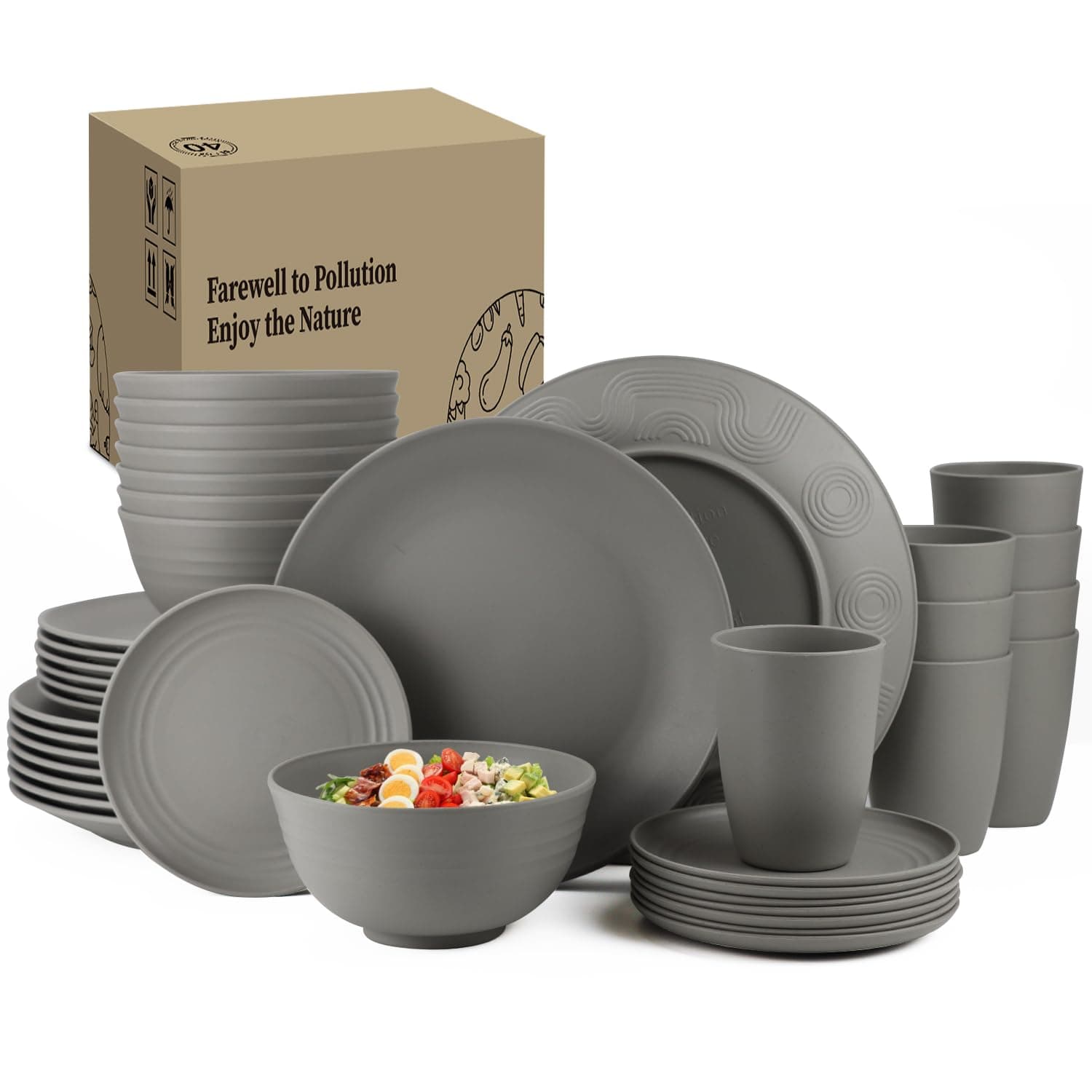 Homienly 40-Piece Wheat Straw Dinnerware Sets, Non Breakable Dinnerware, Cups, Plates and Bowls Sets for 8 - Microwave Dishwasher Freezer Safe, Grey